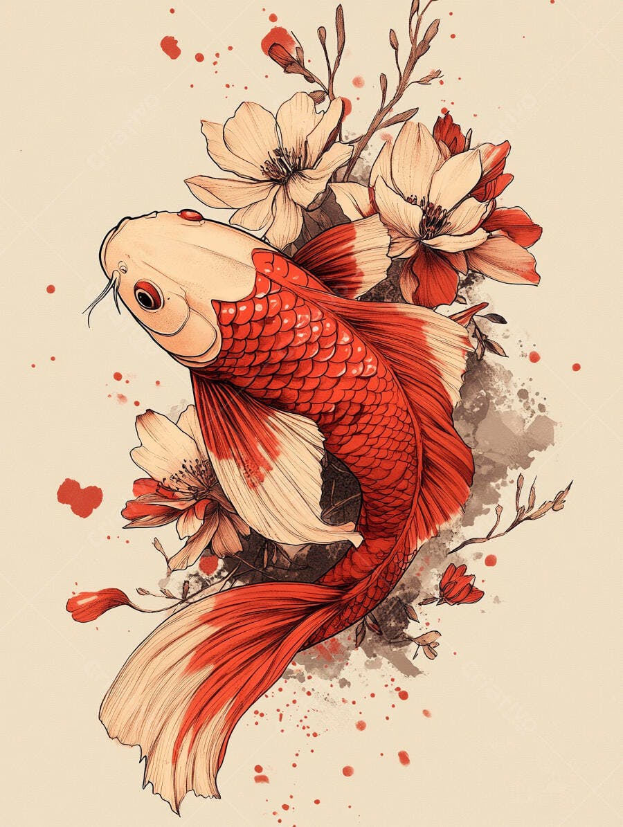 Peixe Koi vermelho e branco com flores estilo aquarela japonesa