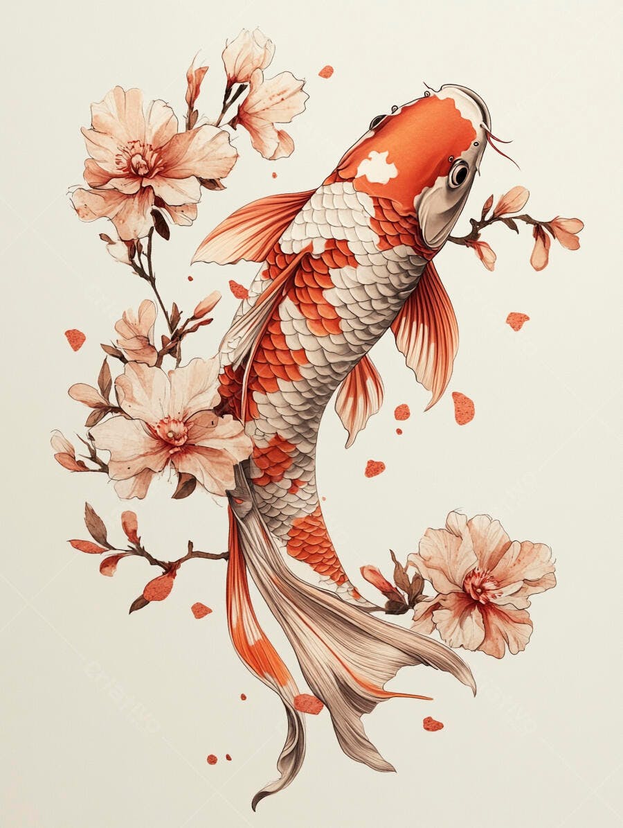 Peixe Koi laranja e branco nadando entre flores de cerejeira em aquarela