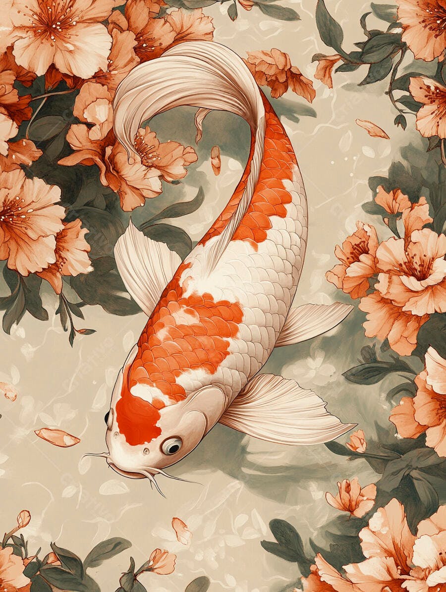 Koi branco e laranja nadando entre flores tropicais em aquarela