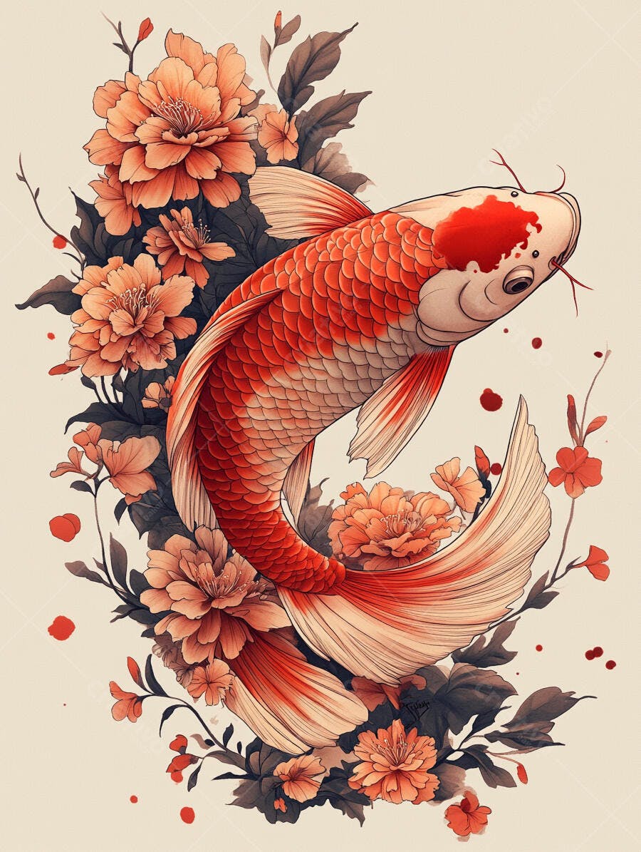 Peixe Koi vermelho e branco nadando entre peônias em arte asiática