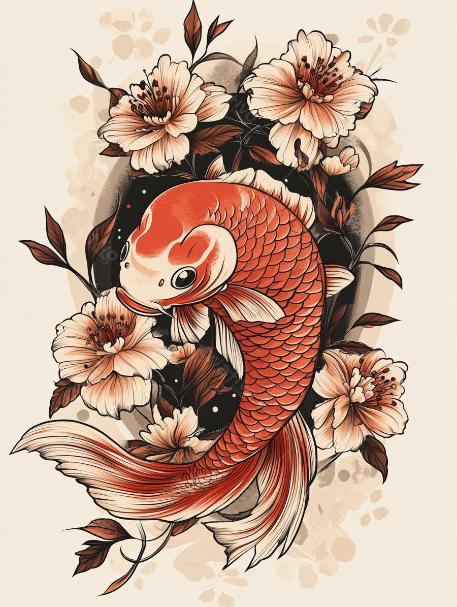 Peixe Koi laranja e branco com flores peônia em arte japonesa tradicional