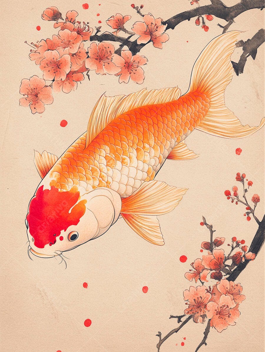 Peixe Koi laranja e branco em ilustração japonesa com flores de cerejeira rosa
