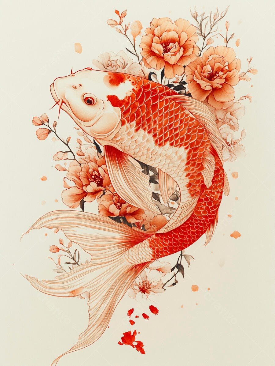 Peixe Koi vermelho e branco com flores em ilustração asiática elegante