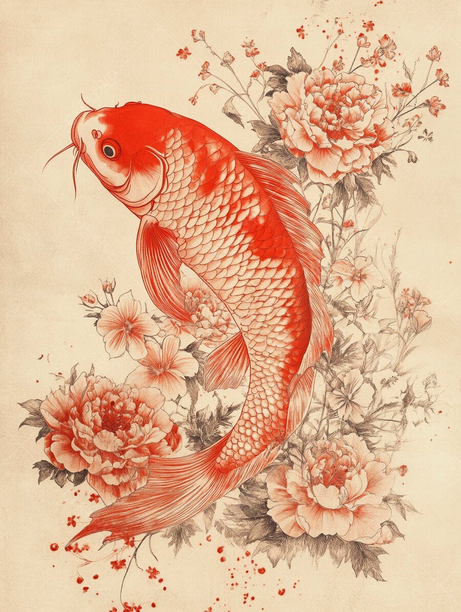 Peixe koi vermelho vibrante entre peônias rosa em ilustração asiática