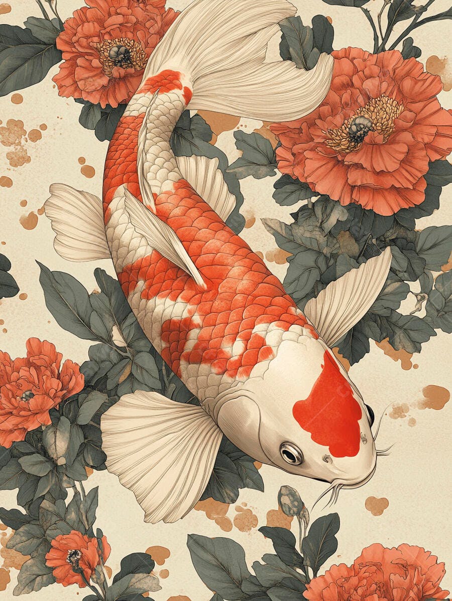 Peixe Koi branco e laranja em ilustração floral oriental com flores coral