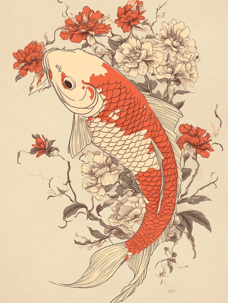 Peixe Koi vermelho e branco com peônias em arte japonesa tradicional