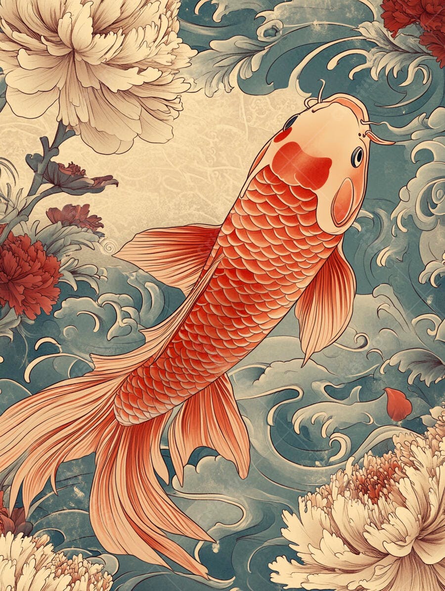 Peixe koi laranja e vermelho nadando entre ondas azuis e peônias brancas estilo japonês