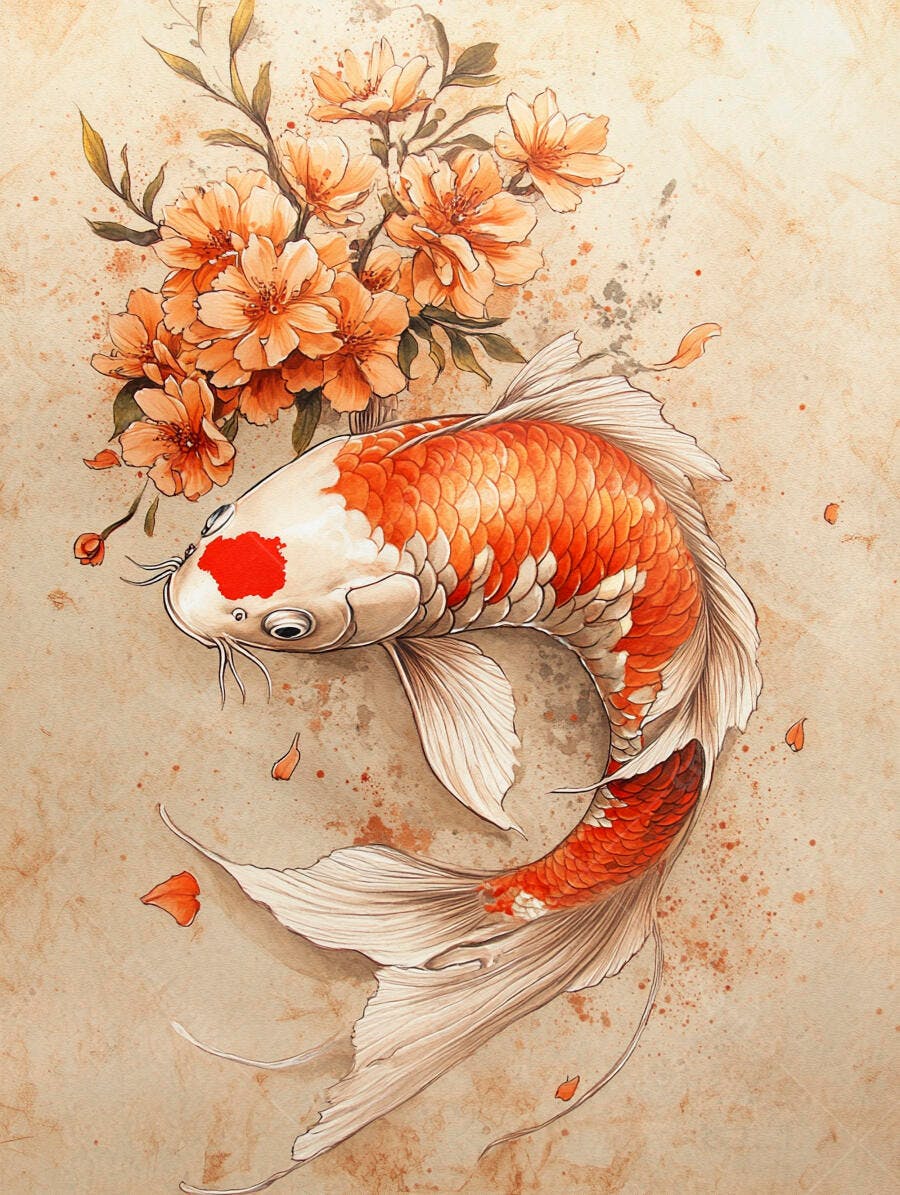Peixe Koi branco e laranja com flores de cerejeira em aquarela