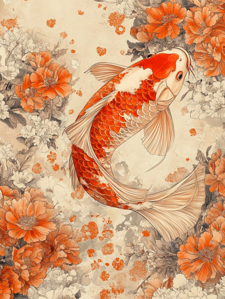 Peixe Koi laranja branco nadando entre flores asiáticas em arte tradicional