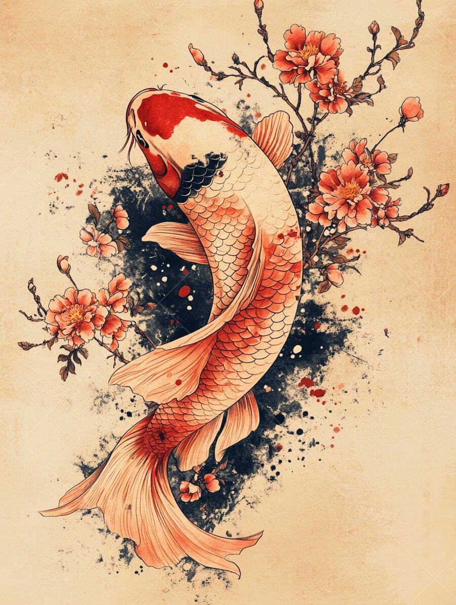 Peixe Koi vermelho e branco com flor de cerejeira em aquarela asiática