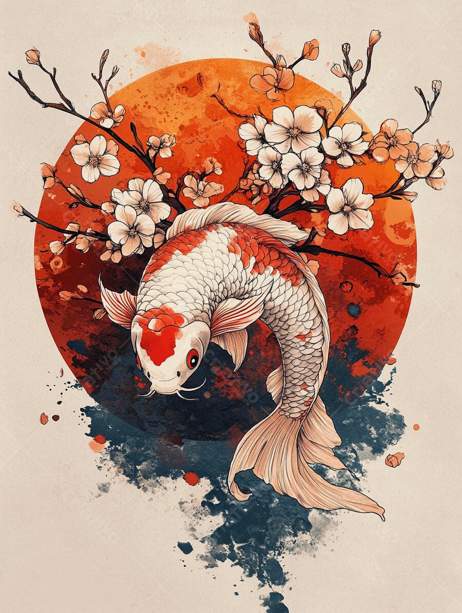 Carpa Koi branca e vermelha com flores de cerejeira e sol nascente aquarela