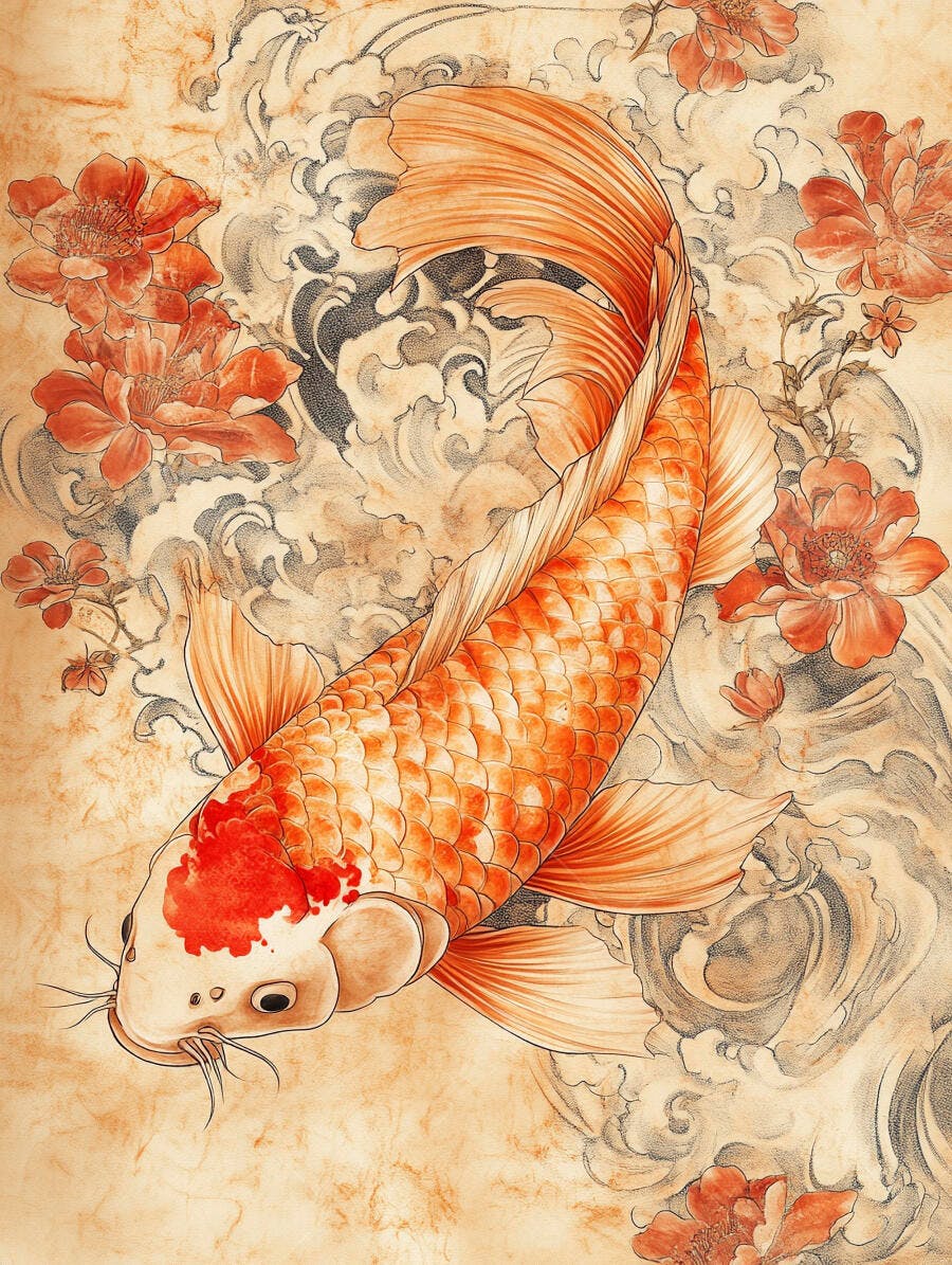 Peixe Koi laranja e vermelho em ilustração japonesa com flores e ondas