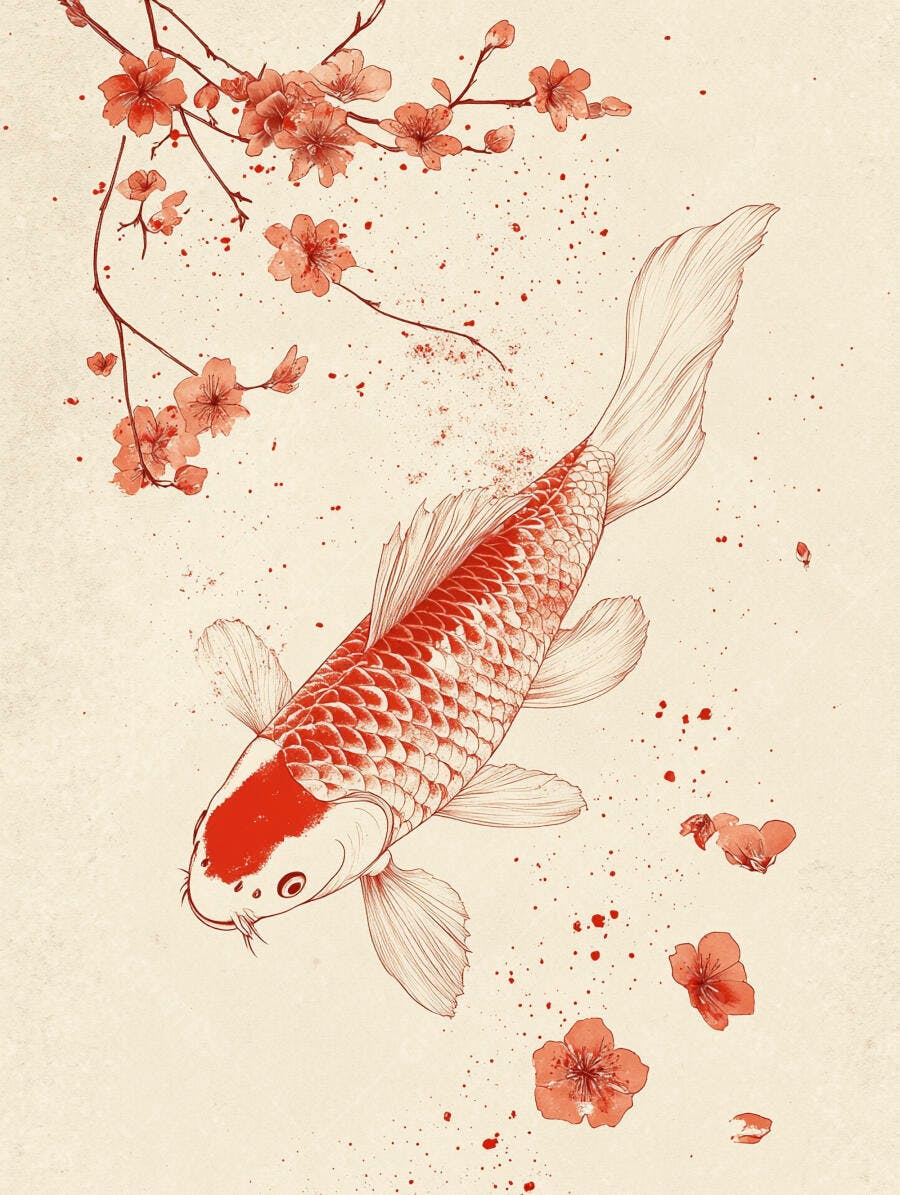Ilustração peixe Koi vermelho e branco e flor de cerejeira