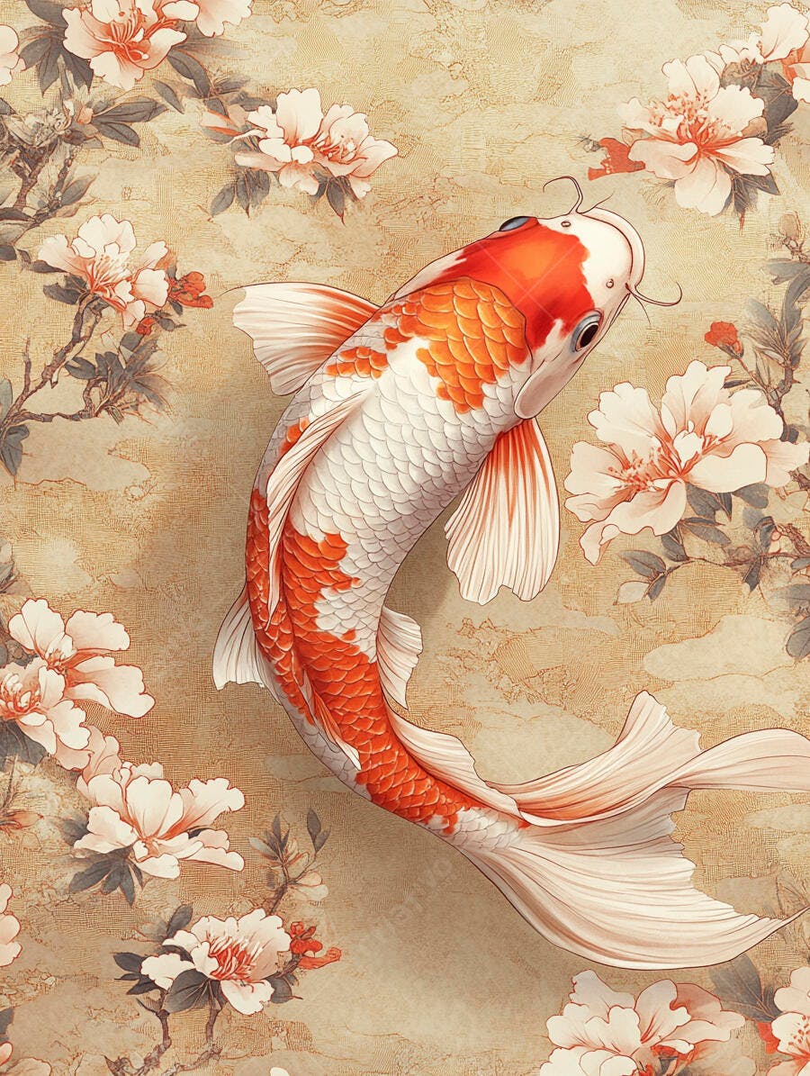 Carpa Koi laranja e branca em fundo floral asiático tradicional