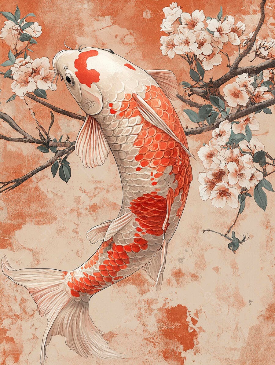 Peixe koi branco e laranja com flores de cerejeira em fundo pêssego