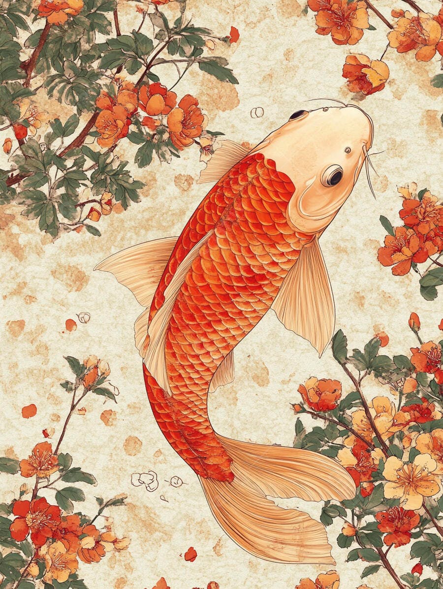 Carpa koi laranja nadando entre flores orientais e folhas verdes