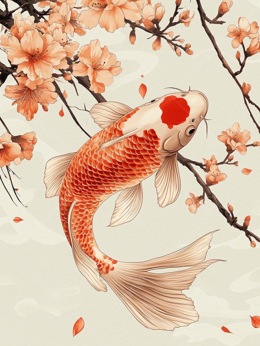 Carpa koi vermelha e branca com flores de cerejeira em ilustração asiática