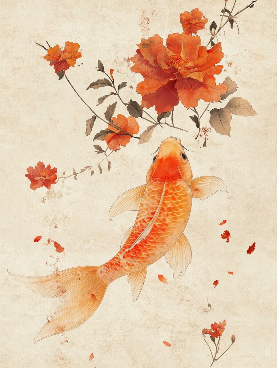 Peixe Koi laranja nadando entre flores alaranjadas estilo aquarela oriental
