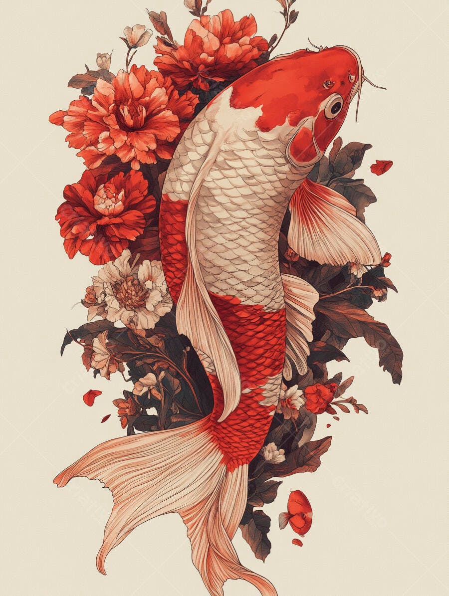 Peixe Koi vermelho e branco com flores peônias vibrantes estilo japonês