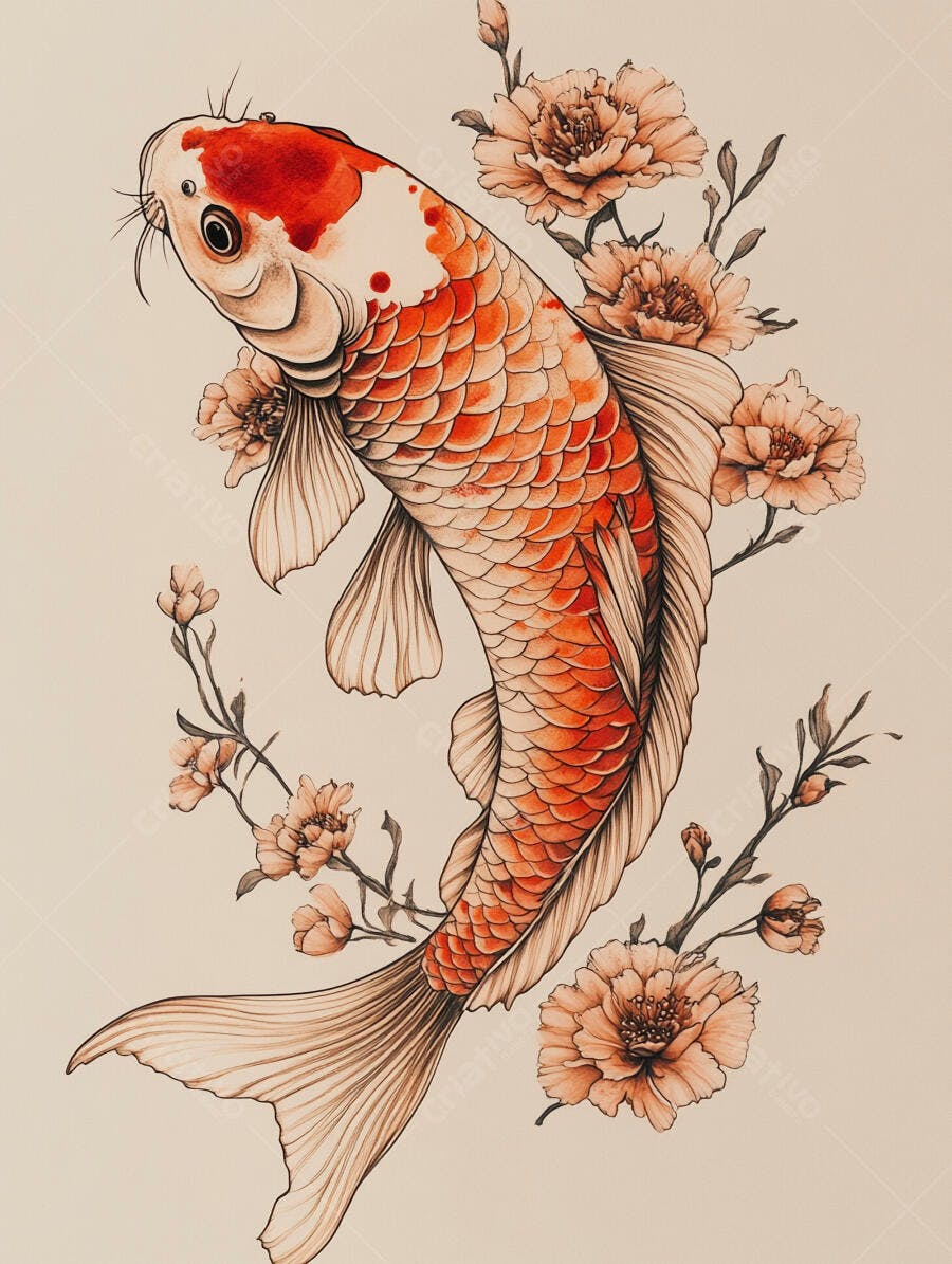 Peixe Koi laranja e branco ilustração japonesa com flores de pêssego