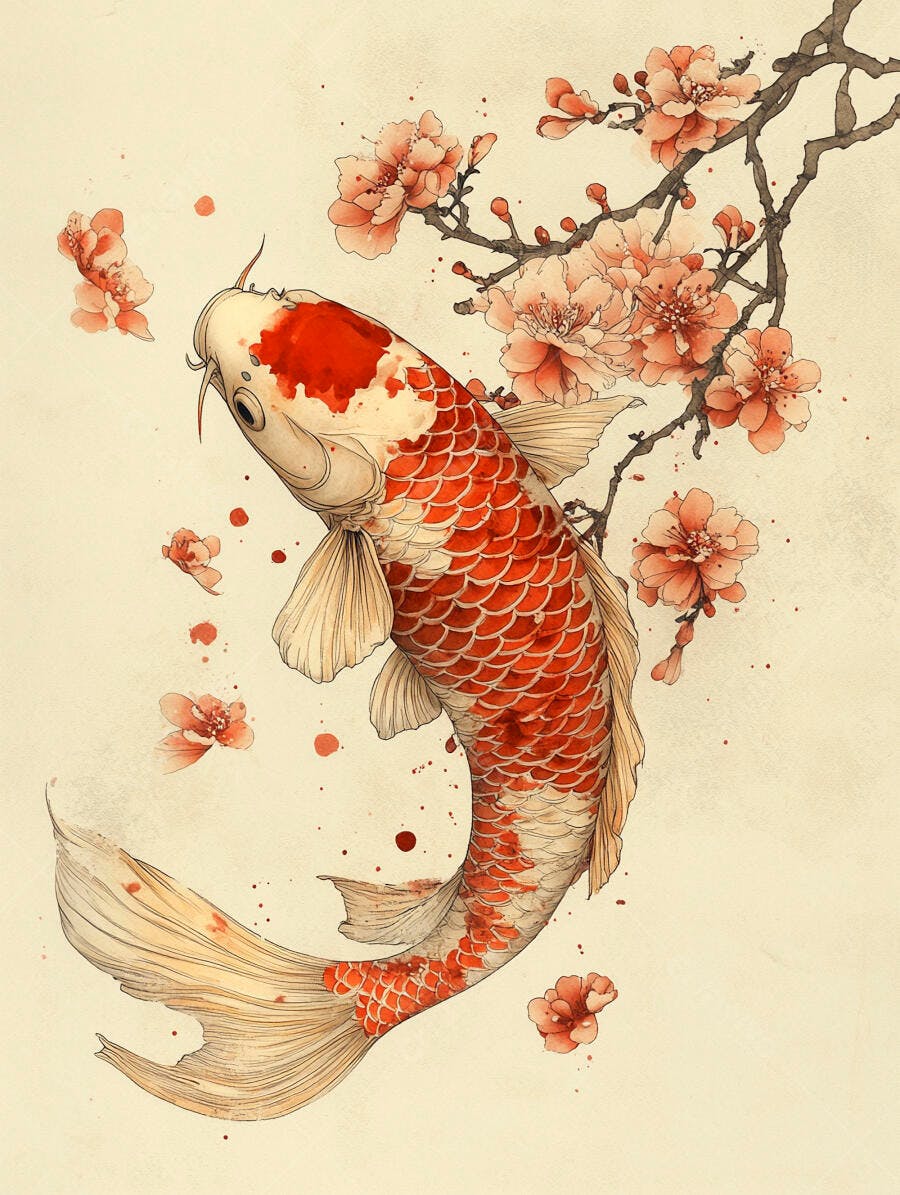 Peixe Koi vermelho e branco com flores de cerejeira em aquarela vibrante