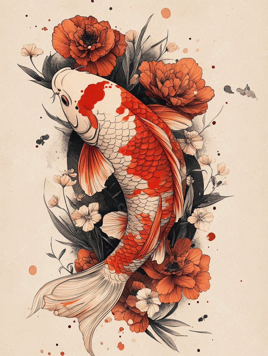 Peixe Koi branco e vermelho com flores orientais em ilustração aquarela