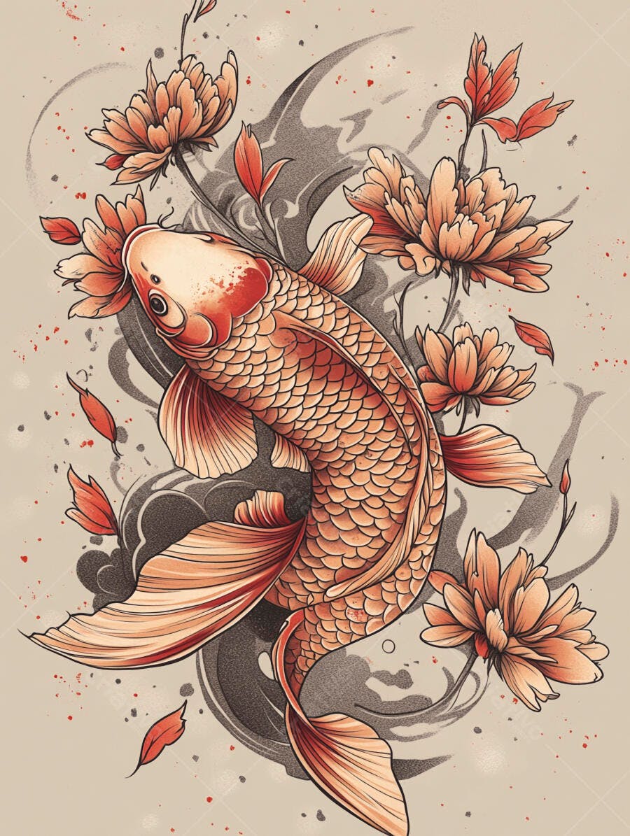 Peixe Koi laranja nadando entre flores e redemoinhos em ilustração japonesa