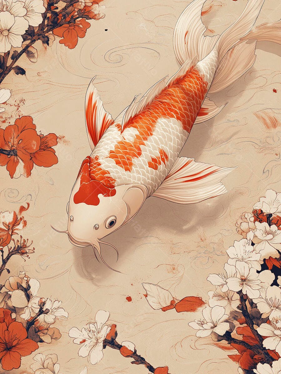 Peixe Koi laranja e branco nadando entre flores de cerejeira asiáticas