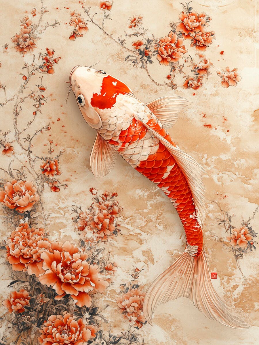 Peixe koi vermelho e branco nadando entre flores alaranjadas arte asiática