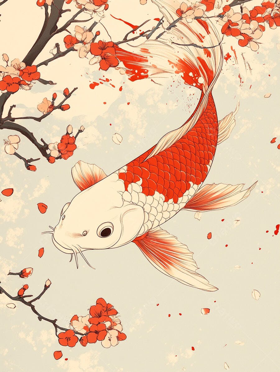 Peixe Koi vermelho e branco flutuando entre galhos e flores de cerejeira