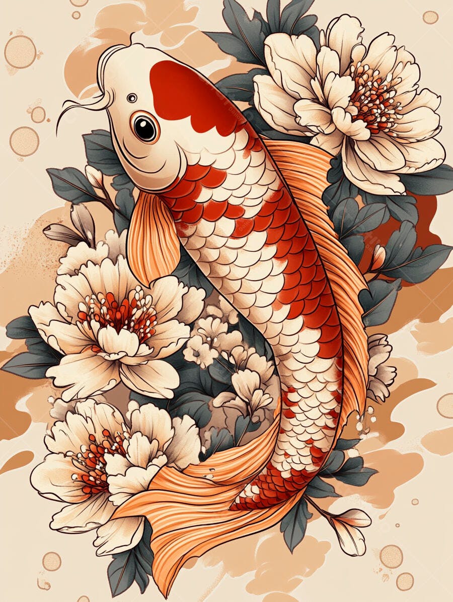 Peixe Koi laranja e branco com flores e folhas estilo japonês