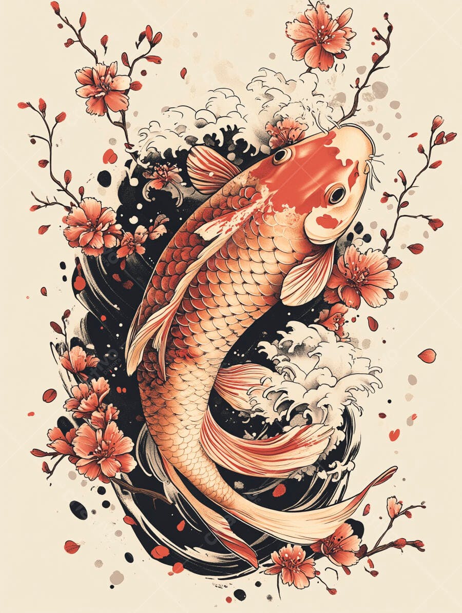 Peixe Koi laranja e branco com flor de cerejeira e ondas estilo japonês