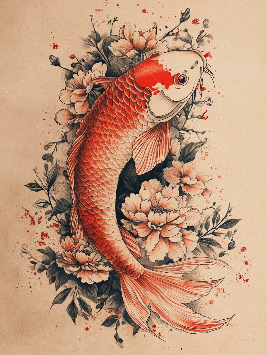 Peixe Koi vermelho e branco com flores de peônia ilustração japonesa tradicional