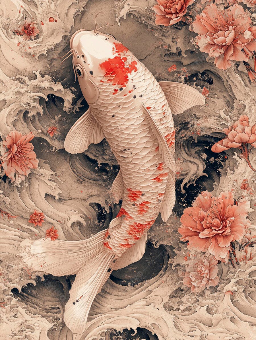 Peixe Koi branco e vermelho nadando entre ondas e flores em arte japonesa clássica