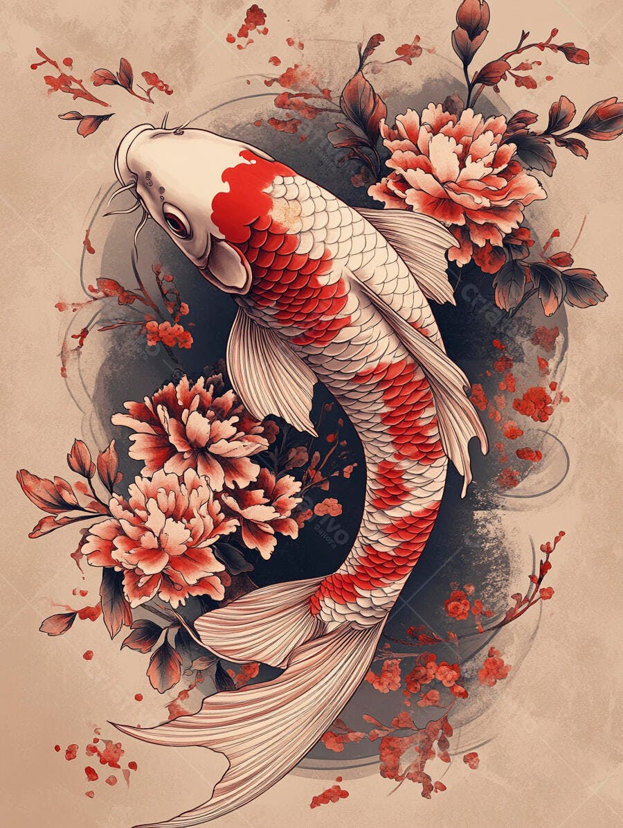 Peixe Koi vermelho e branco com peônias florais estilo arte japonesa