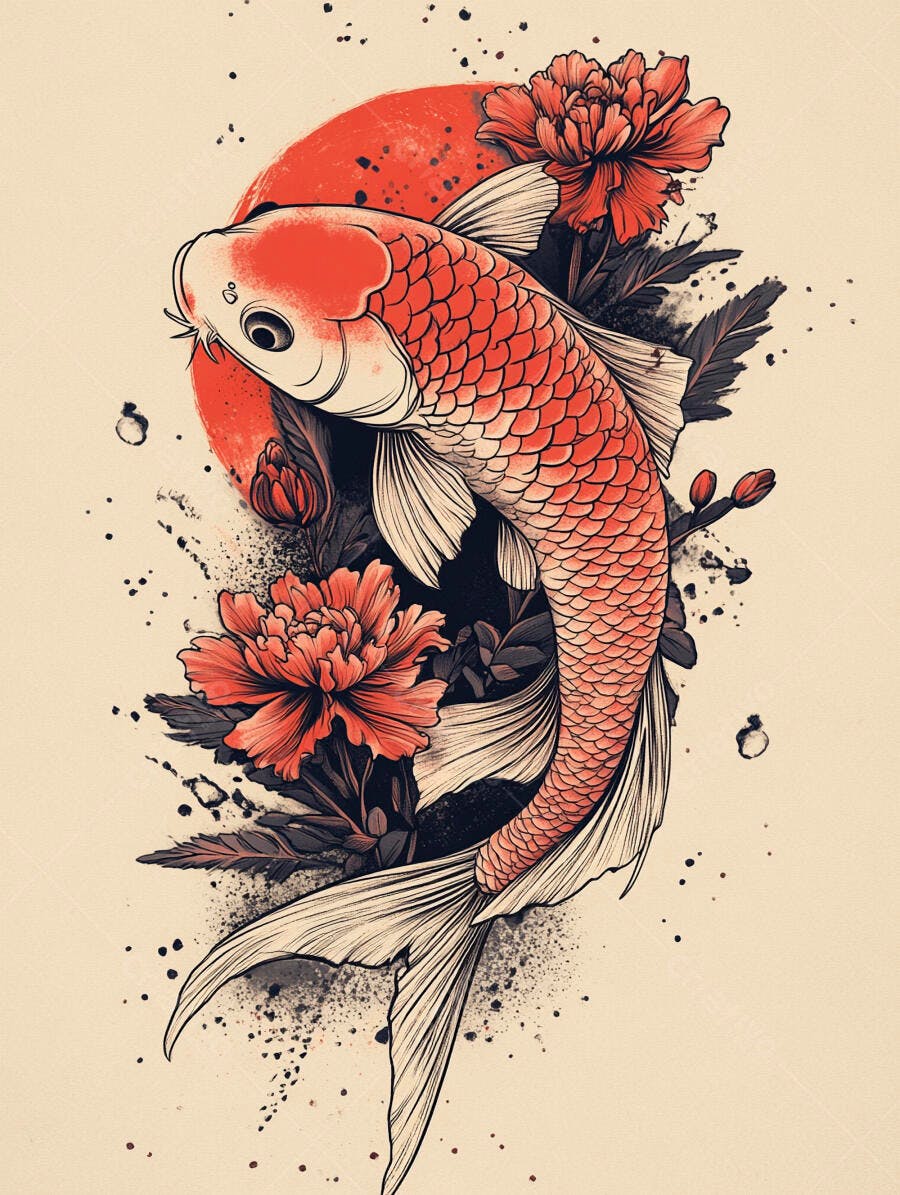Carpa Koi vermelha em estilo japonês com flores e sol nascente