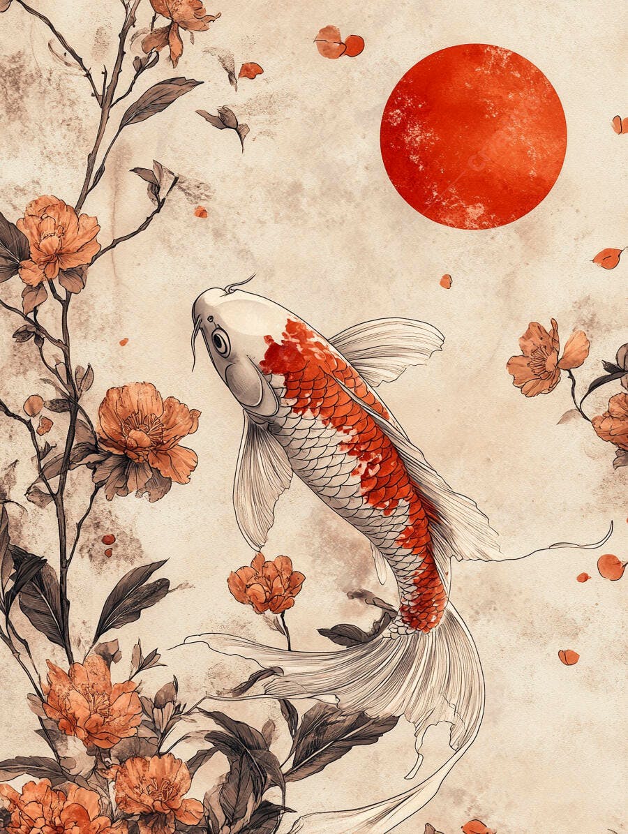 Peixe Koi nadando entre flores alaranjadas e ramos sob sol vermelho arte japonesa