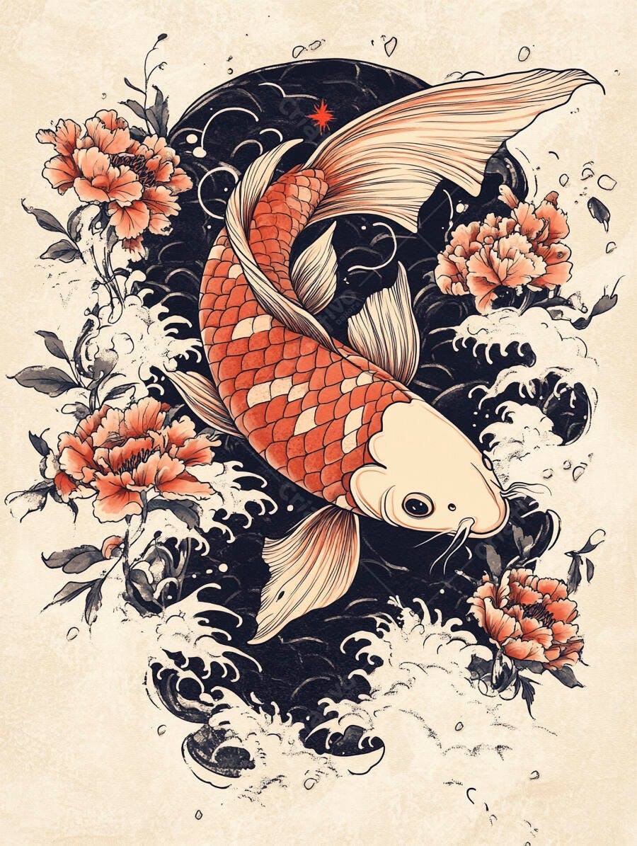 Peixe Koi laranja e branco nadando entre peônias e ondas ao estilo japonês