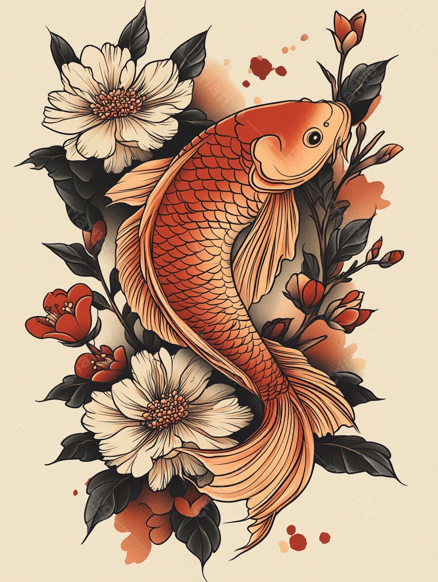 Peixe Koi laranja nadando entre flores brancas e folhas escuras em arte japonesa