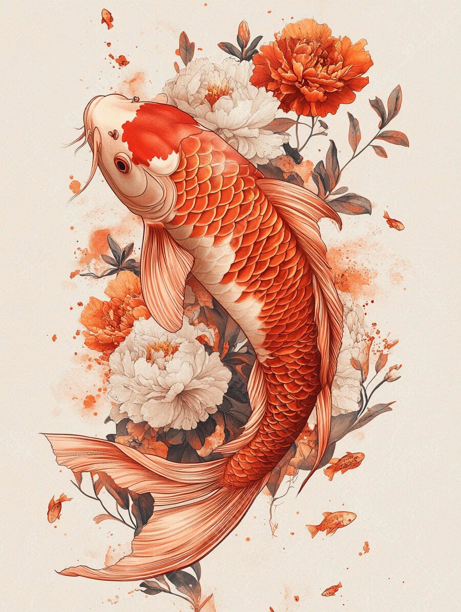 Peixe Koi laranja e branco nadando entre peônias e folhagens aquarela