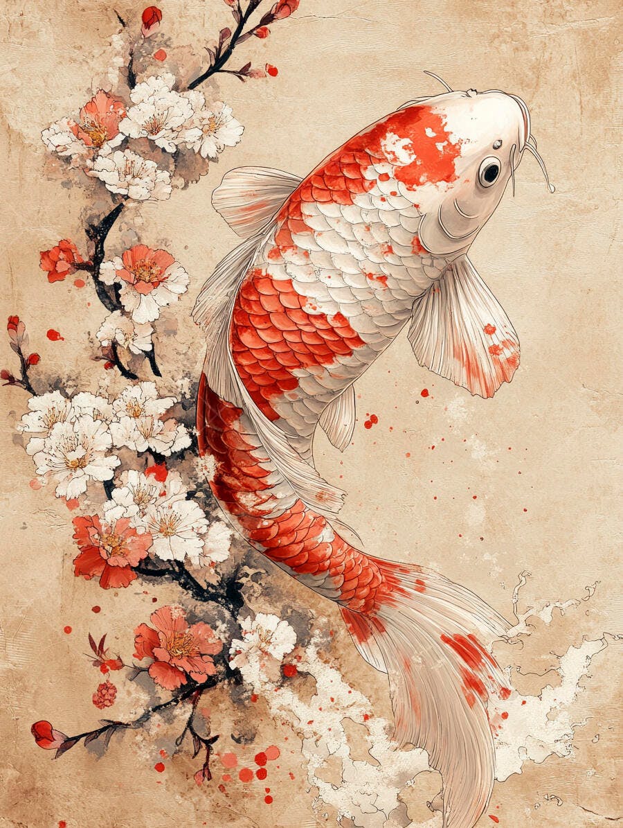 Peixe Koi vermelho e branco clássico com flores de cerejeira sakura arte aquarela japonesa