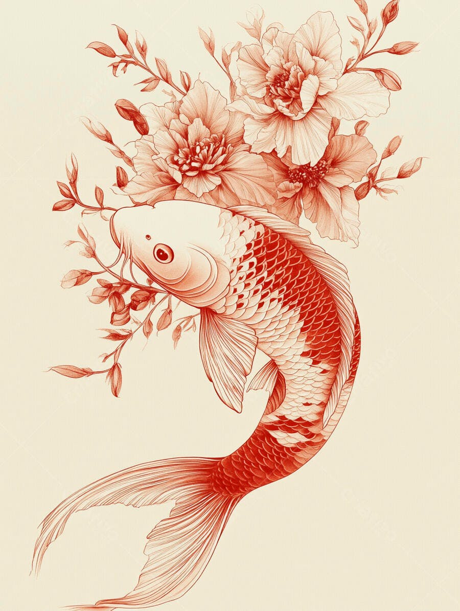 Peixe koi vermelho com flores e folhagens em estilo asiático