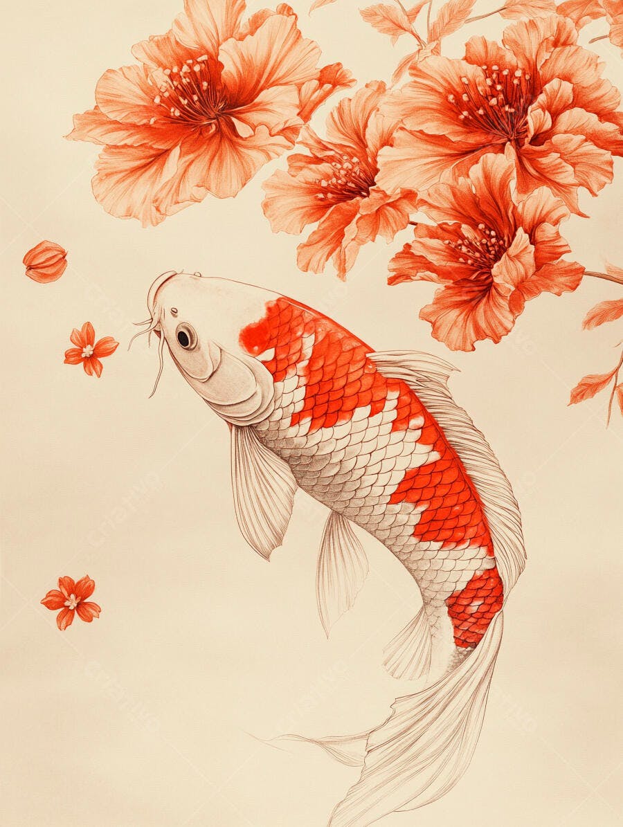 Peixe Koi laranja e branco com flores orientais em fundo creme