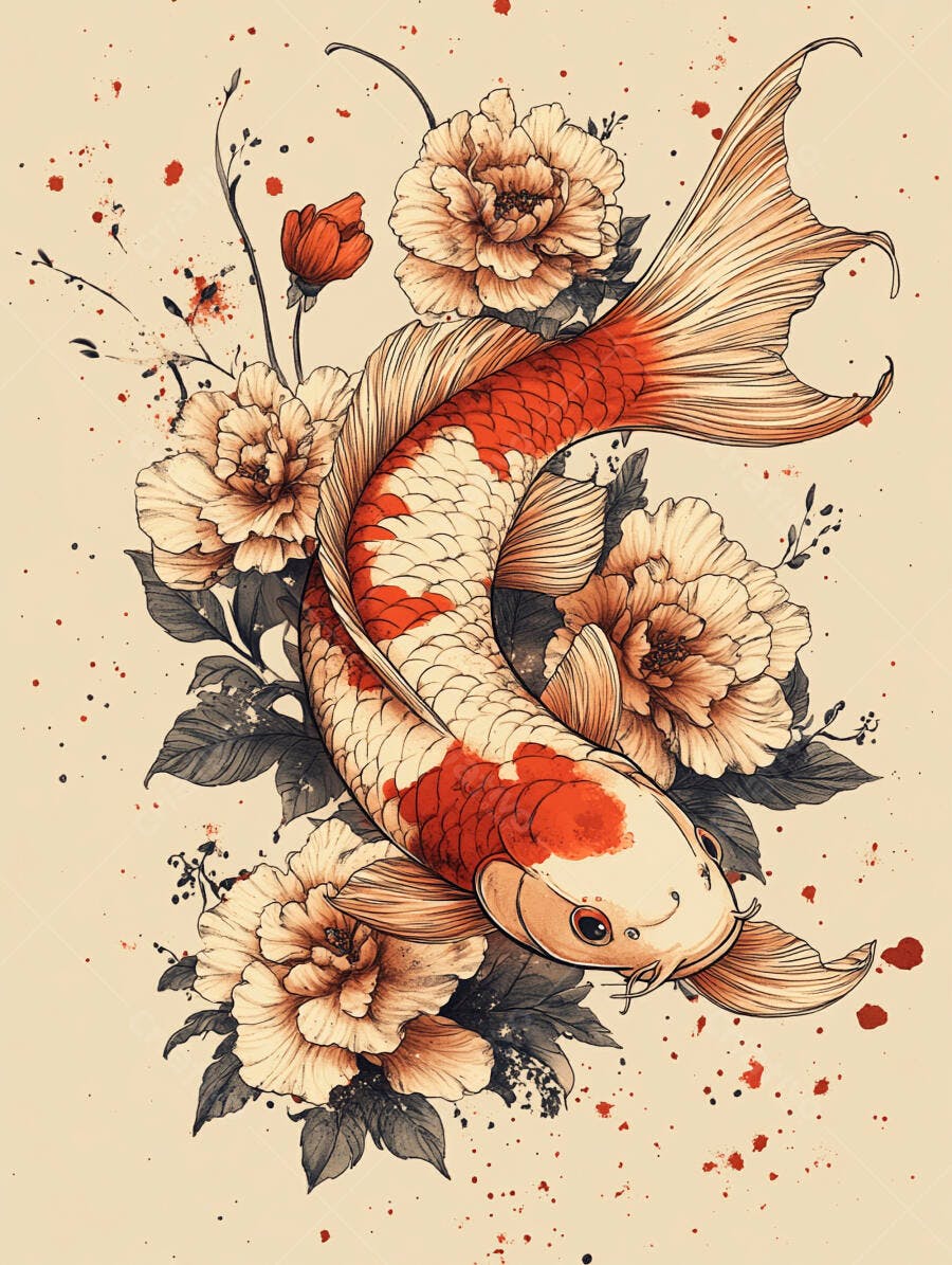 Peixe Koi laranja e branco com flores de peônia em ilustração asiática