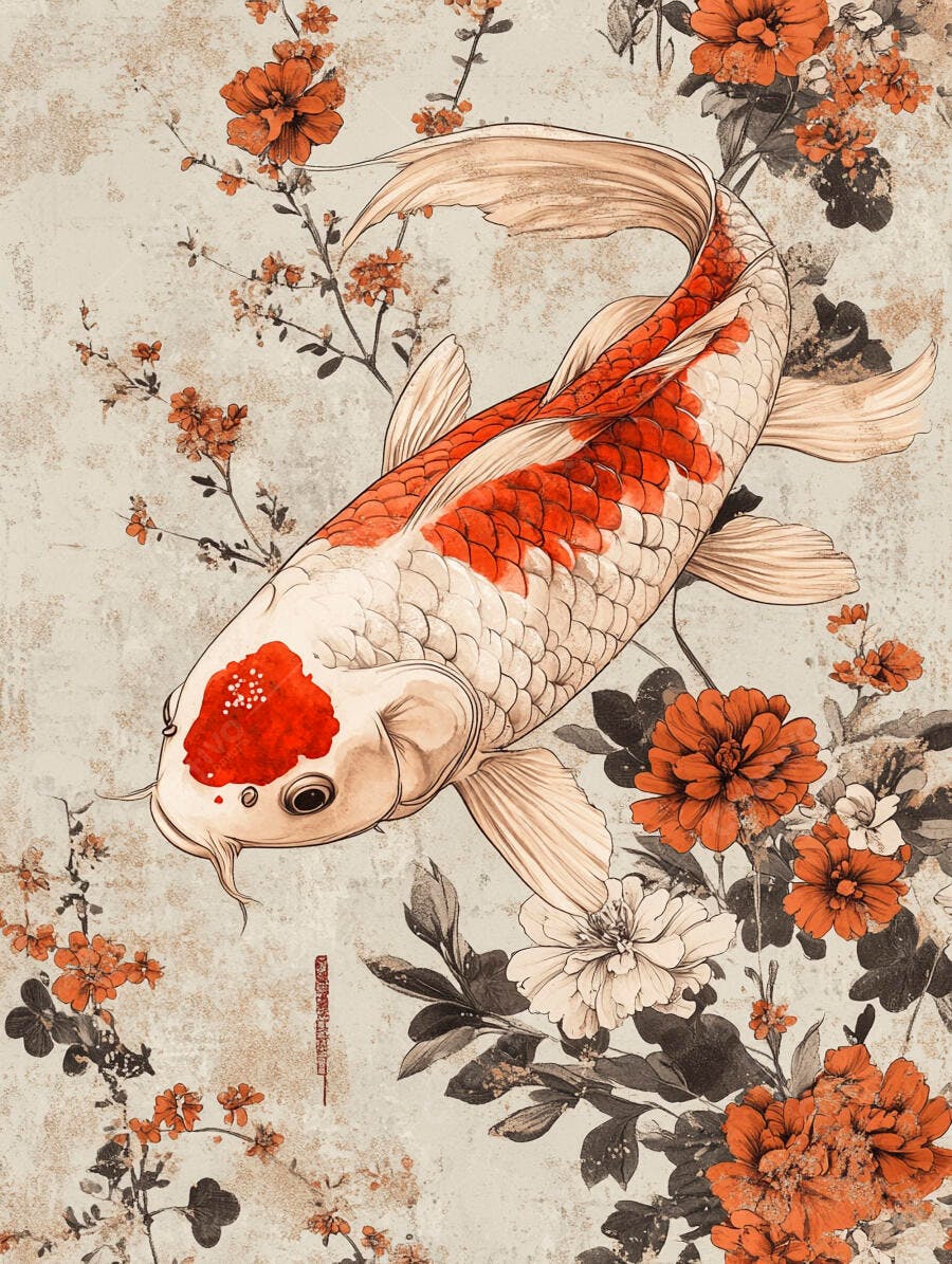 Peixe Koi ornamental e flores alaranjadas em arte japonesa tradicional