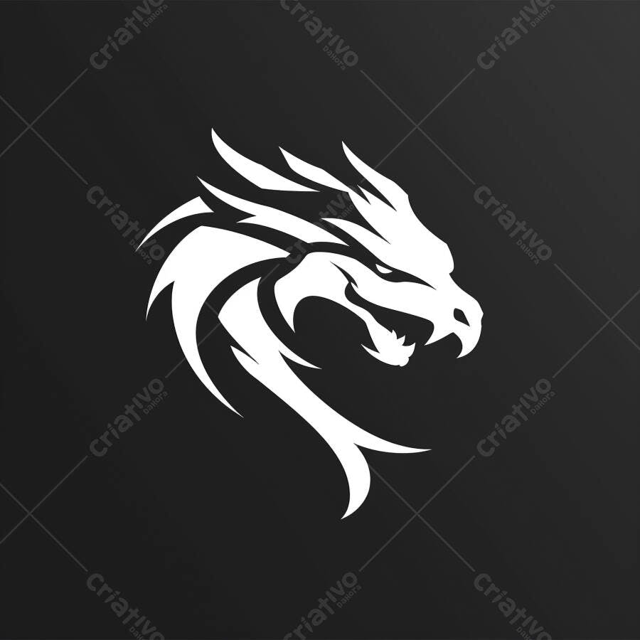 Dragão cabeça logo vetor branco e preto estilo gamer