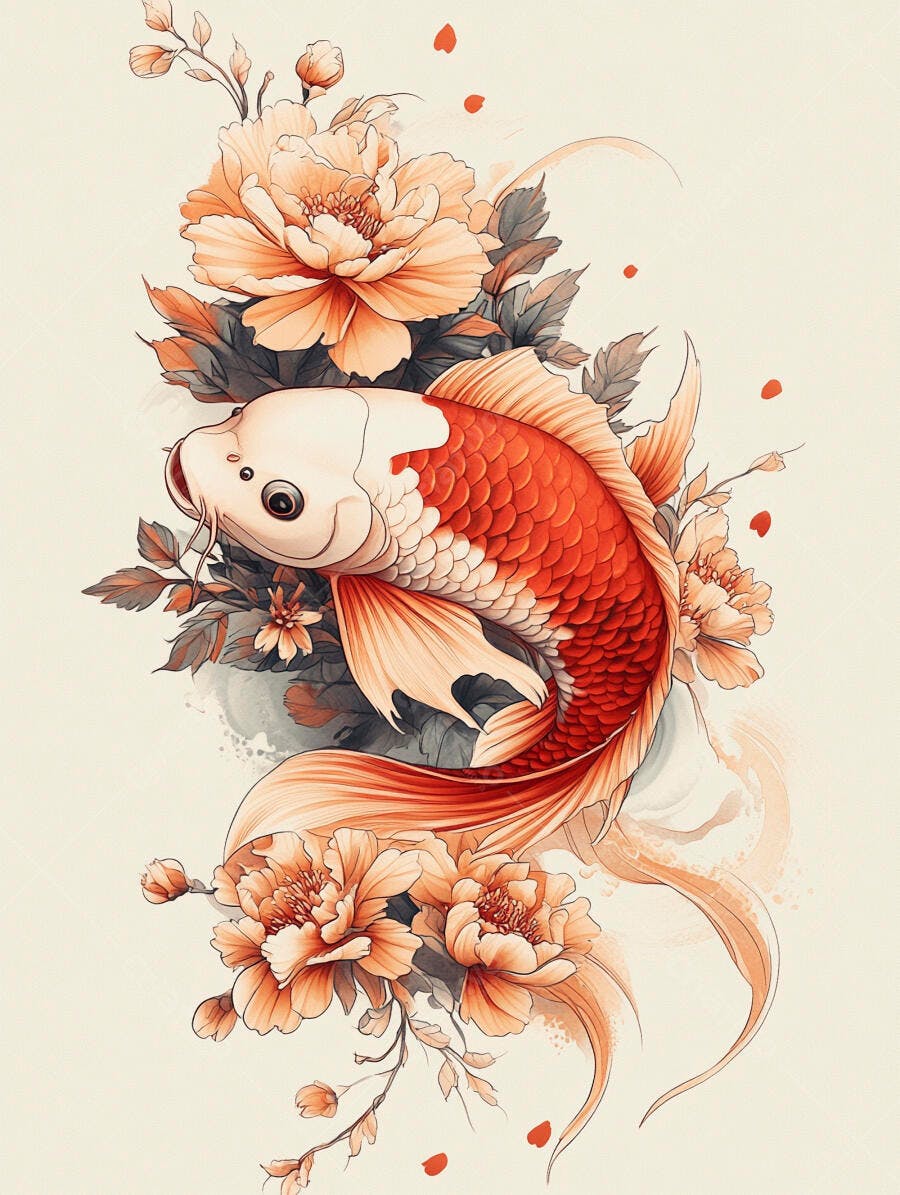 Peixe Koi laranja e branco nadando entre peônias em ilustração aquarela