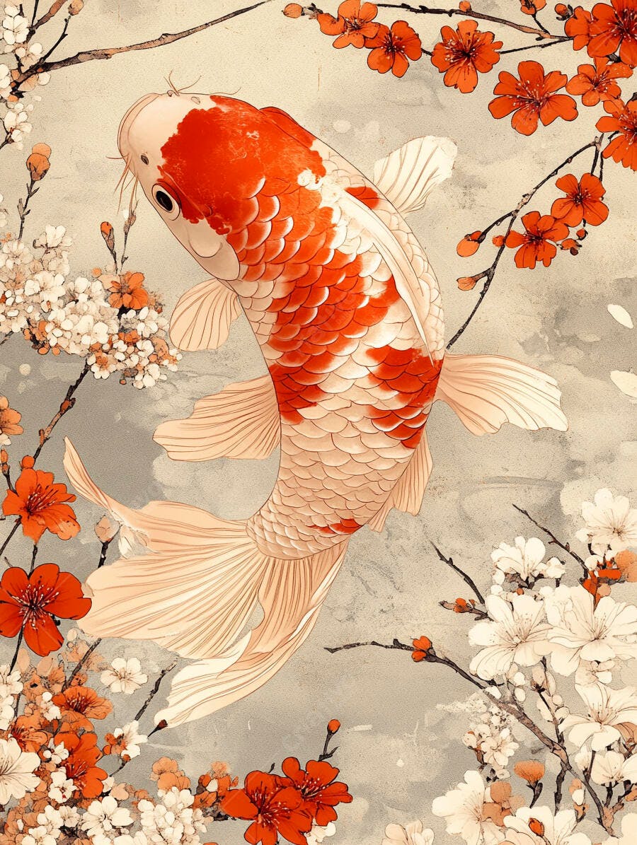 Peixe Koi laranja e branco nadando entre flores de cerejeira estilo japonês