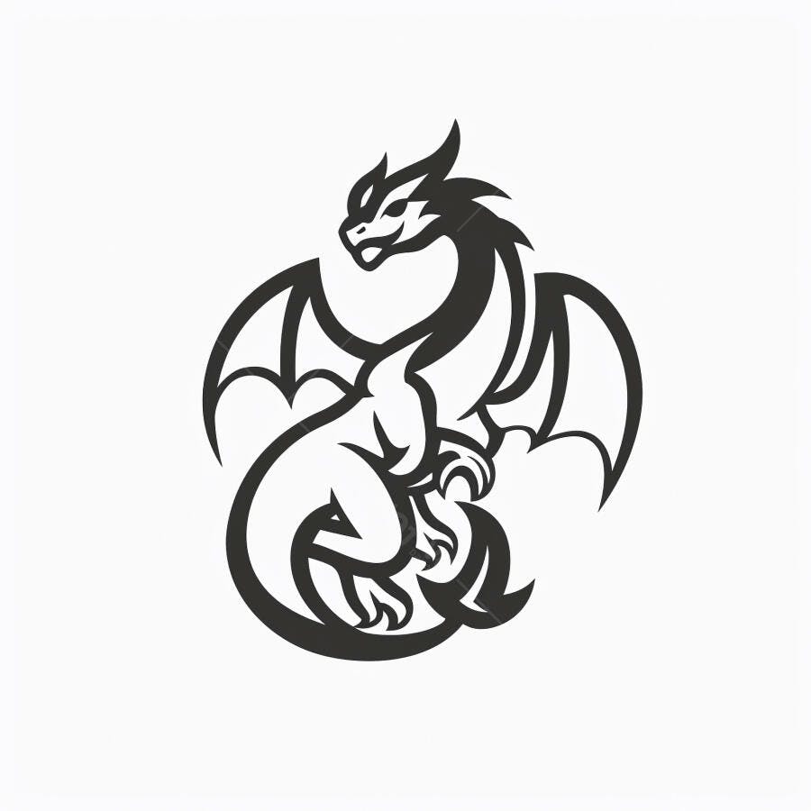 Dragão estilizado preto e branco logotipo poderoso mascote
