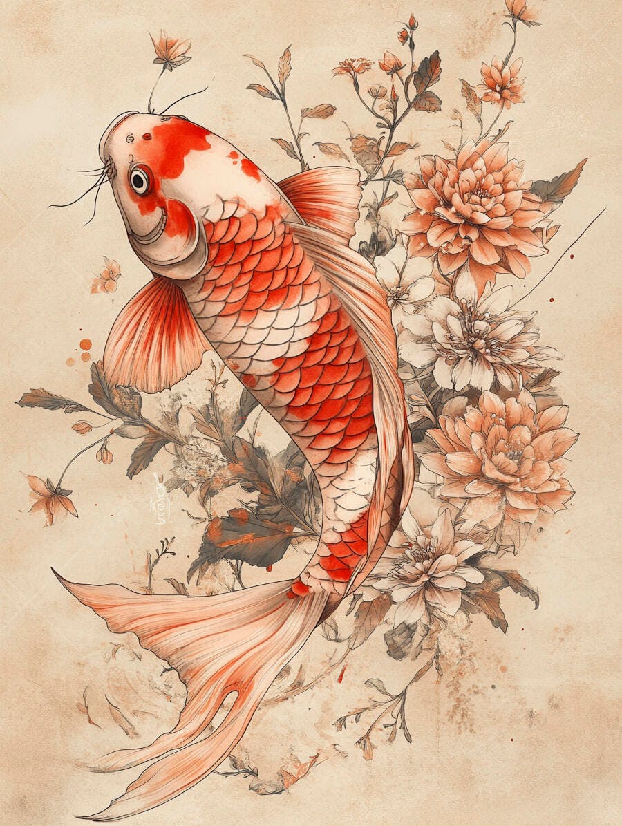 Carpa Koi branca e laranja com flores orientais em fundo vintage